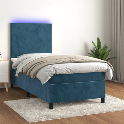 Letto a Molle con Materasso e LED Blu Scuro 90x190cm in Velluto - homemem39