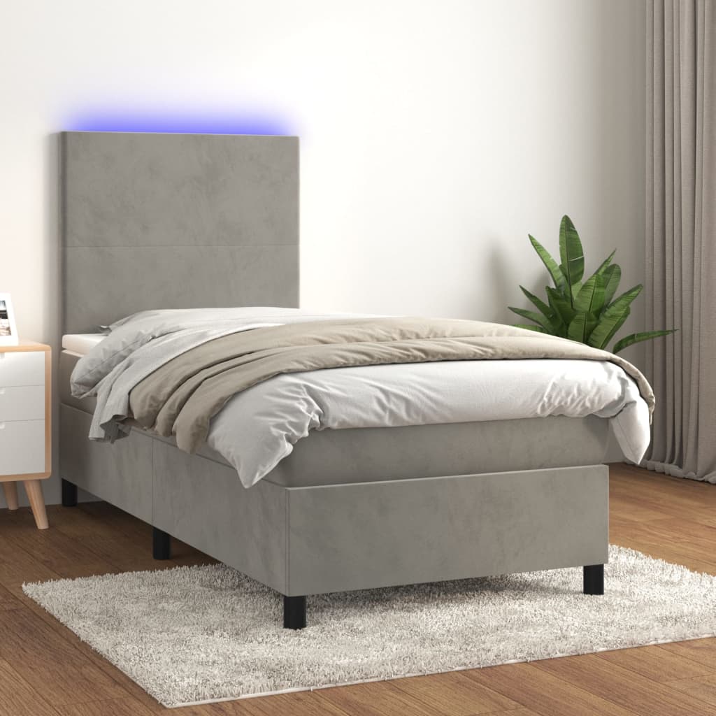 Letto a Molle Materasso e LED Grigio Chiaro 90x200 cm Velluto - homemem39