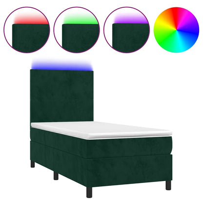 Letto a Molle con Materasso e LED Verde Scuro 90x200cm Velluto