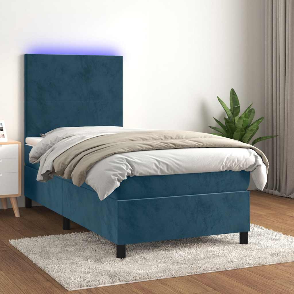 Letto a Molle con Materasso e LED Blu Scuro 90x200cm in Velluto