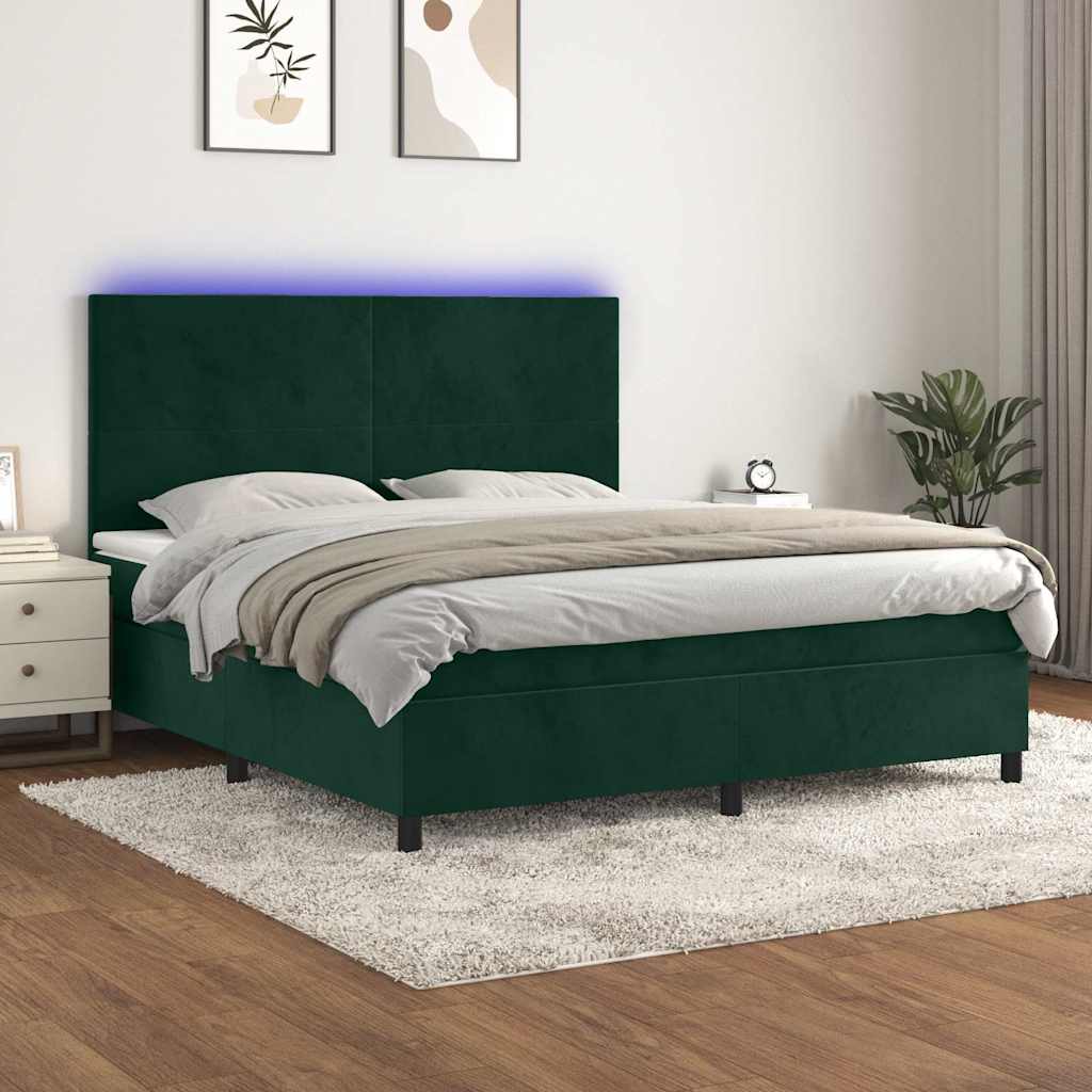 Letto a Molle con Materasso e LED Verde Scuro 160x200cm Velluto | homemem39