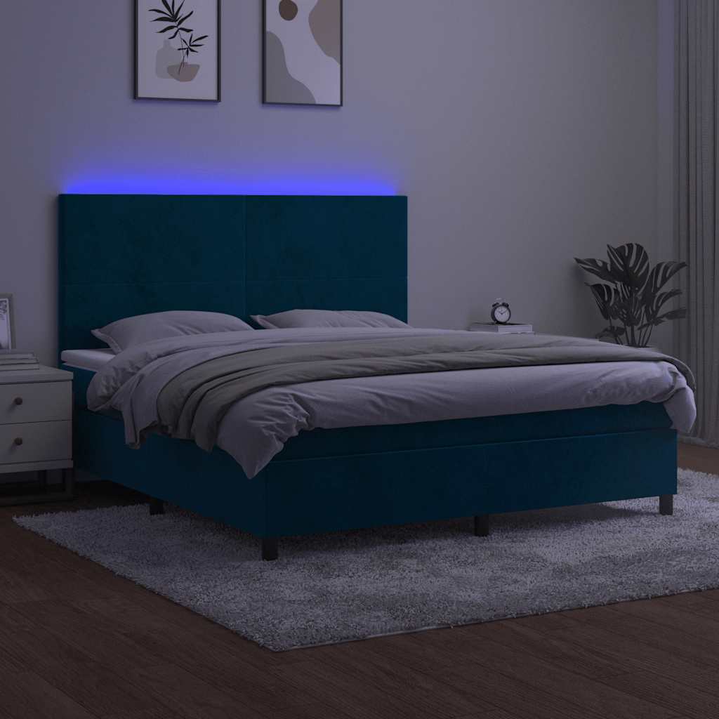 Letto a Molle con Materasso e LED Blu Scuro 160x200 cm