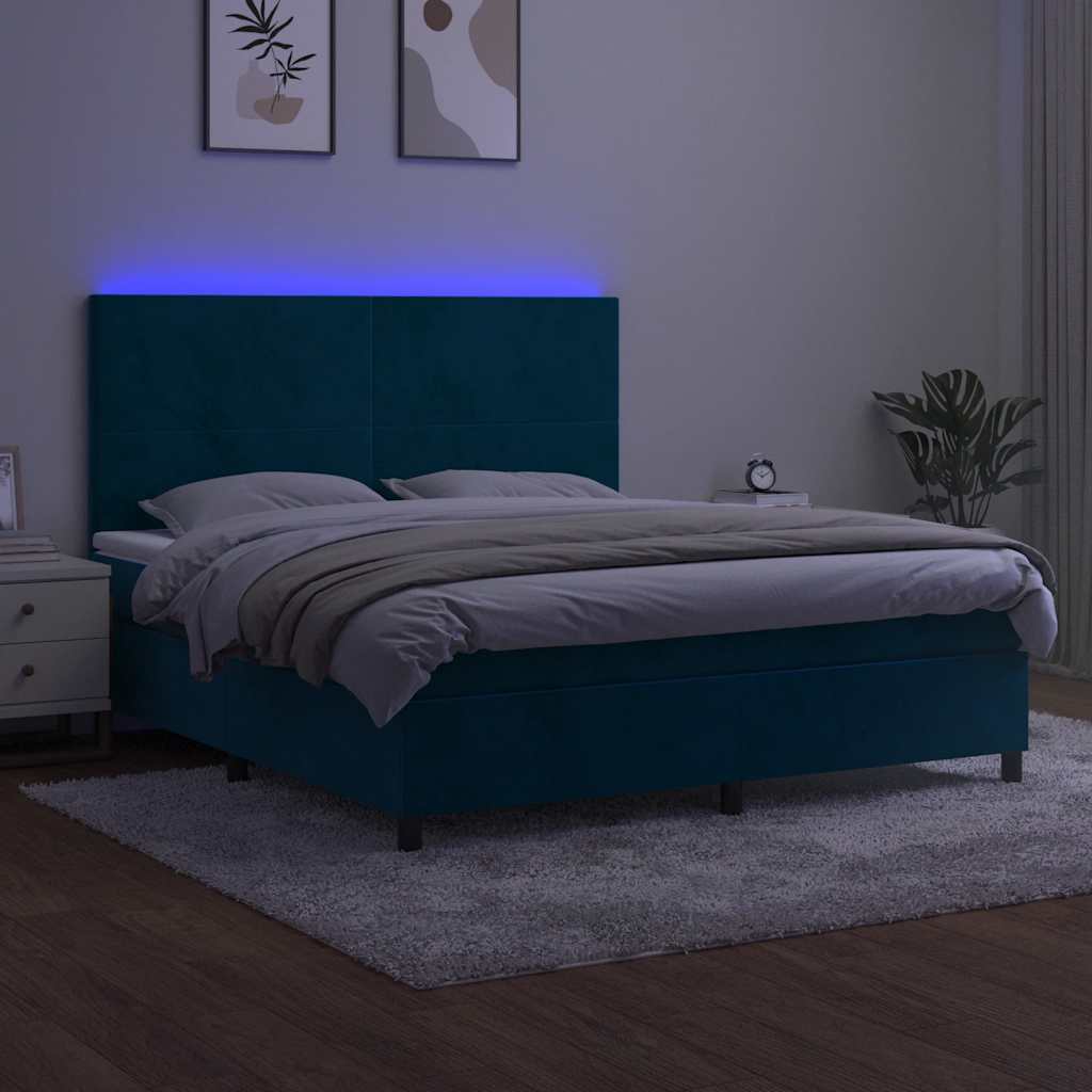Letto a Molle con Materasso e LED Blu Scuro 180x200 cm