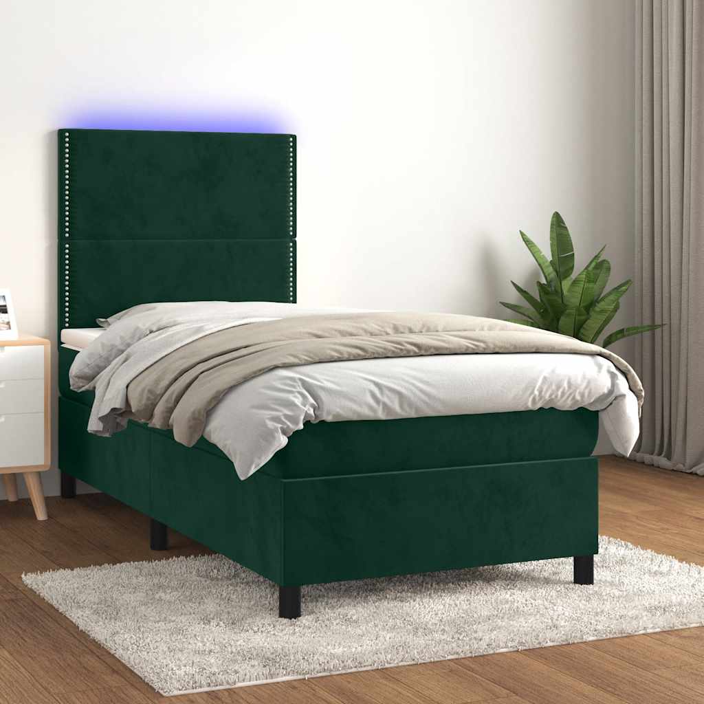 Letto a Molle con Materasso e LED Verde Scuro 100x200cm Velluto | homemem39