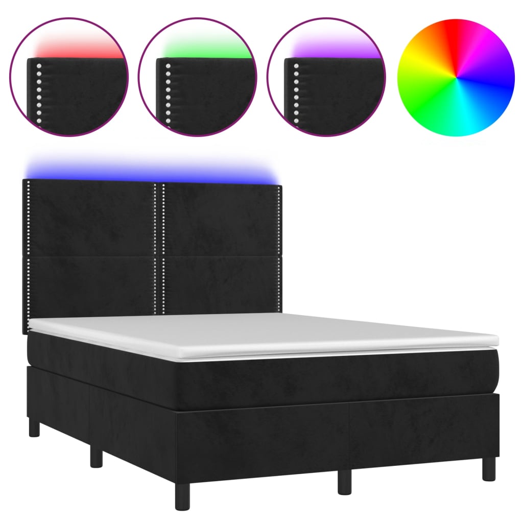 Letto a Molle con Materasso e LED Nero 140x200 cm in Velluto - homemem39