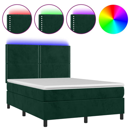 Letto a Molle con Materasso e LED Verde Scuro 140x200cm Velluto