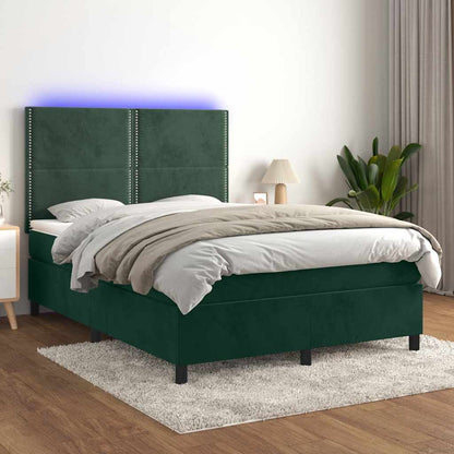 Letto a Molle con Materasso e LED Verde Scuro 140x200cm Velluto