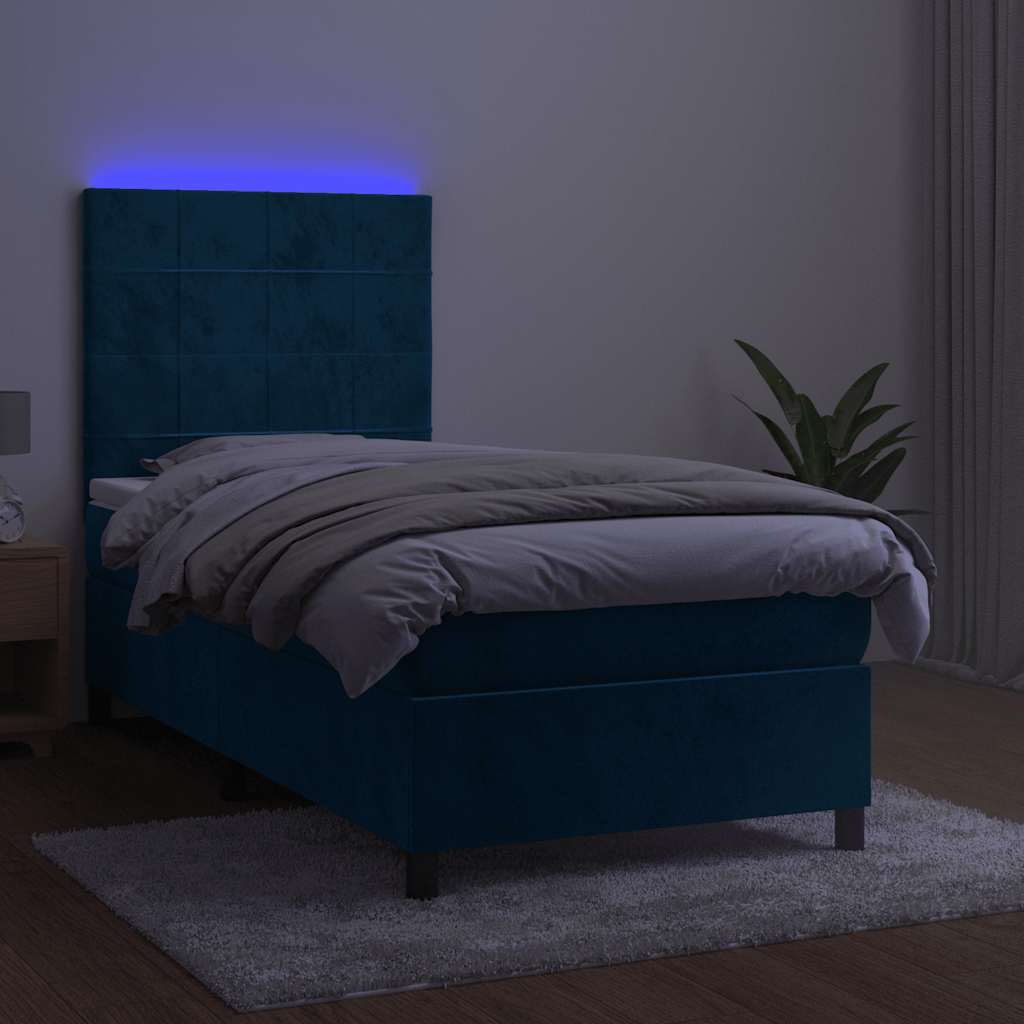 Letto a Molle con Materasso e LED Blu Scuro 80x200cm in Velluto