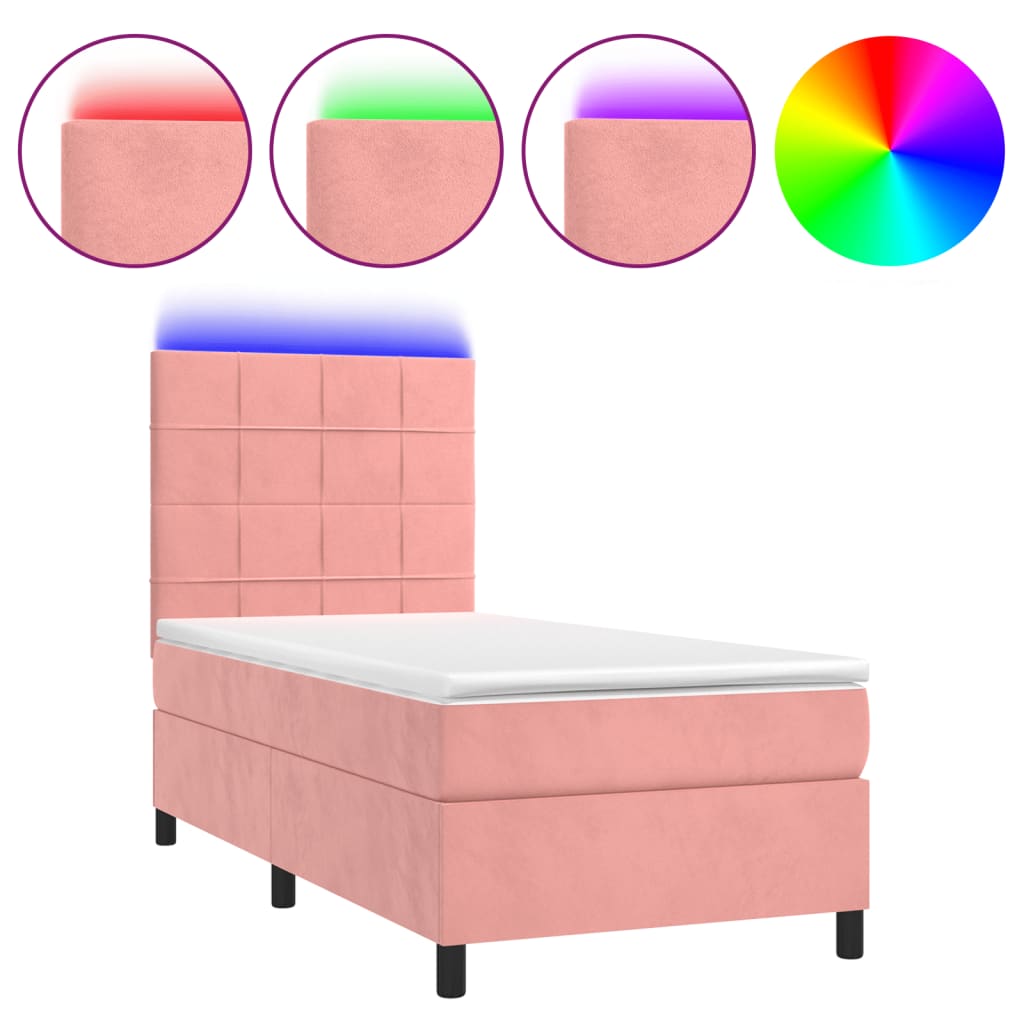 Letto a Molle con Materasso e LED Rosa 90x200 cm in Velluto - homemem39