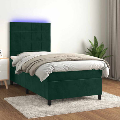 Letto a Molle con Materasso e LED Verde Scuro 100x200cm Velluto | homemem39