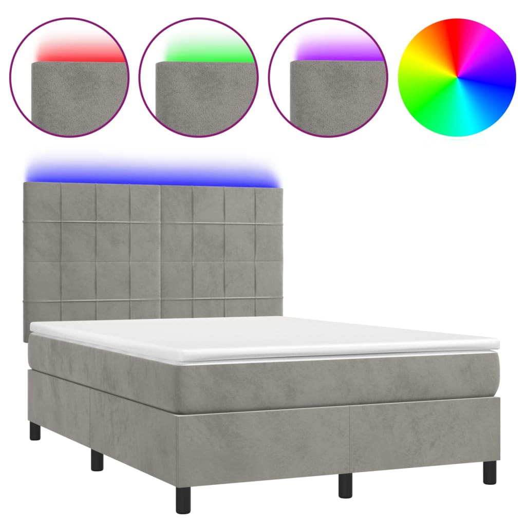 Letto a Molle Materasso e LED Grigio Chiaro 140x190 cm Velluto