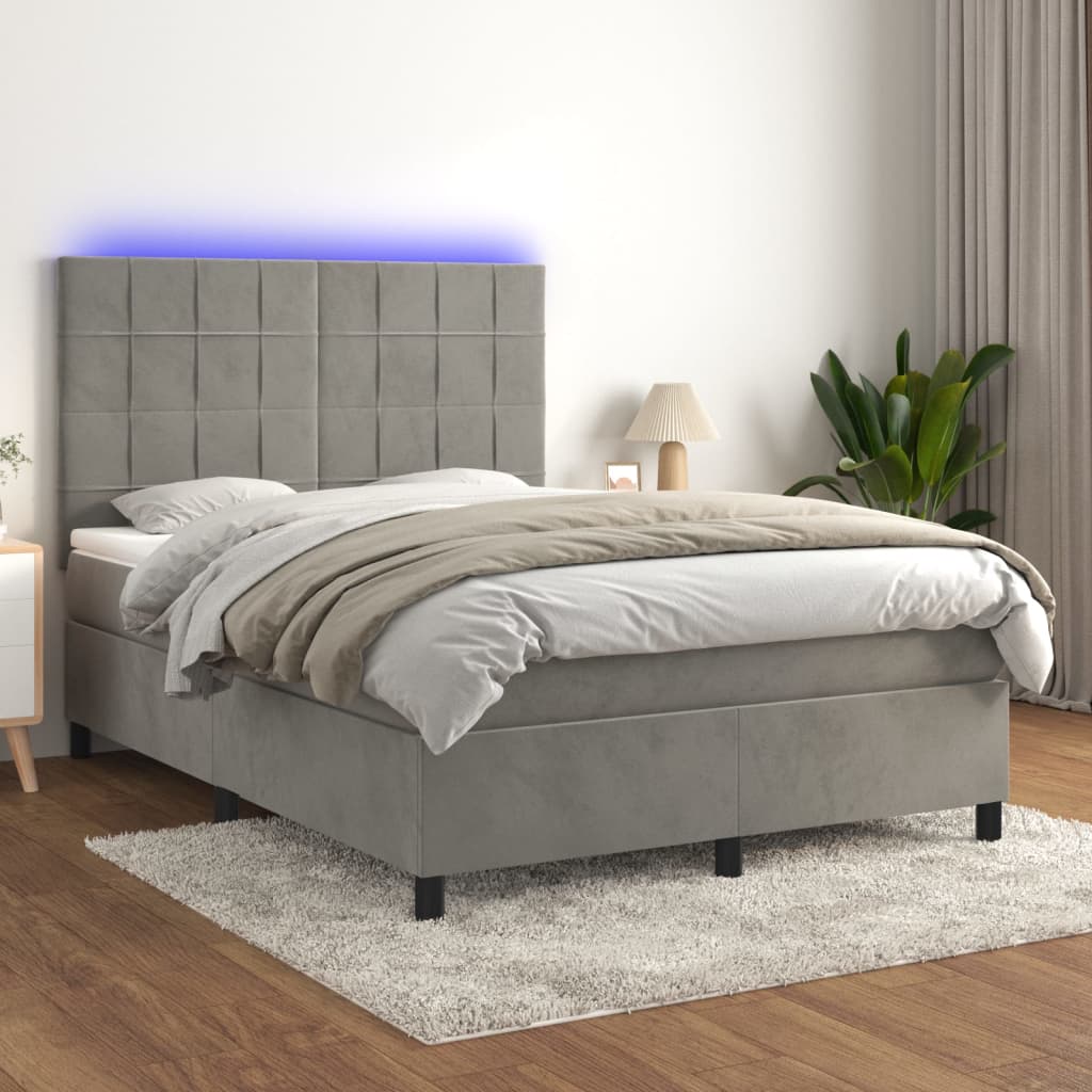 Letto a Molle Materasso e LED Grigio Chiaro 140x190 cm Velluto - homemem39