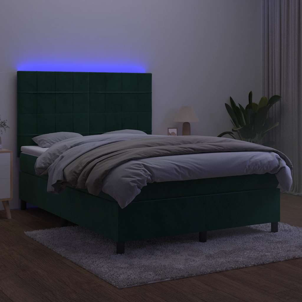 Letto a Molle con Materasso e LED Verde Scuro 140x190cm Velluto