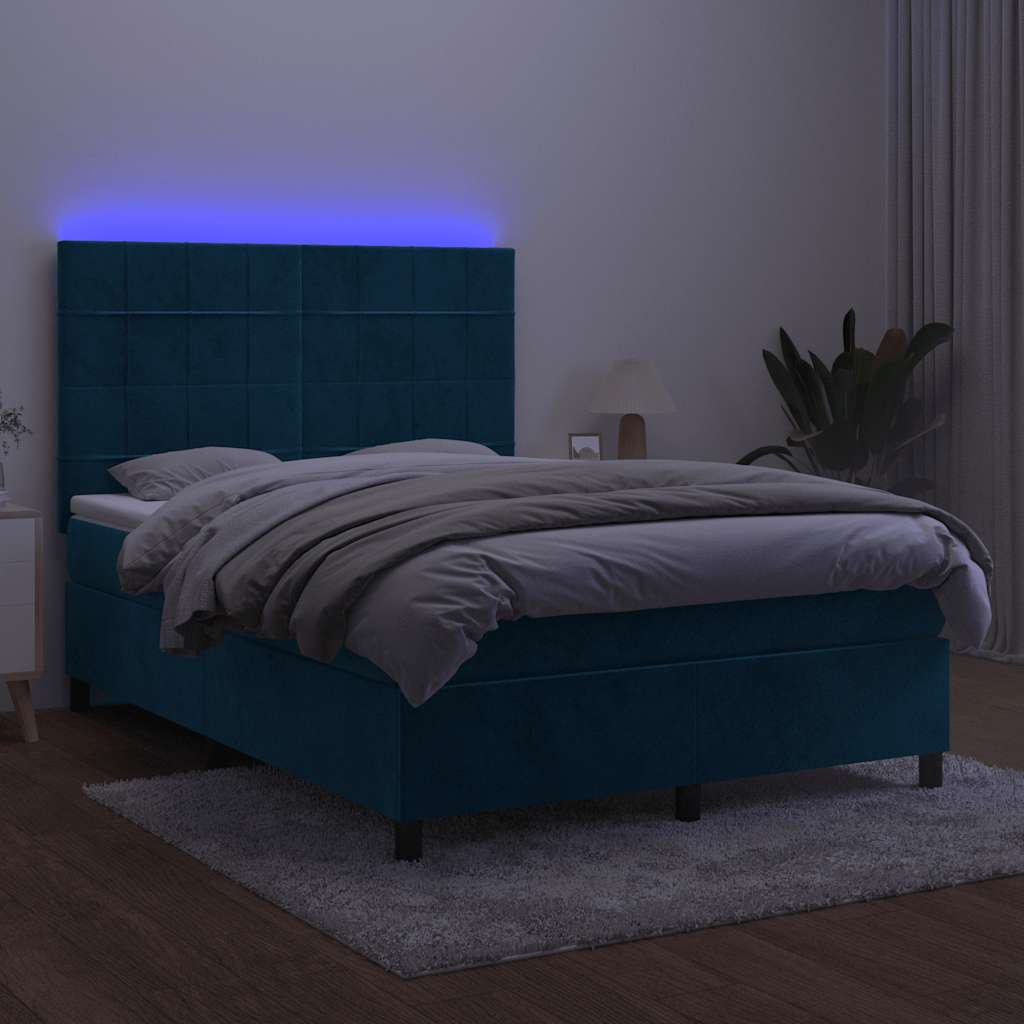 Letto a Molle con Materasso e LED Blu Scuro 140x190 cm