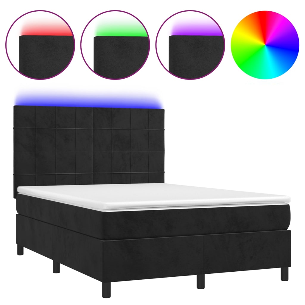 Letto a Molle con Materasso e LED Nero 140x200 cm in Velluto - homemem39
