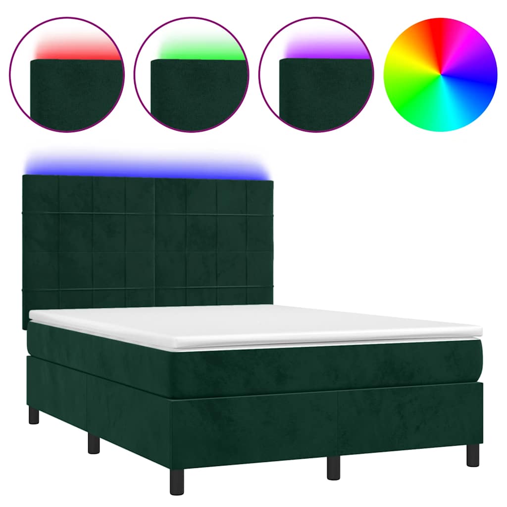 Letto a Molle con Materasso e LED Verde Scuro 140x200cm Velluto | homemem39