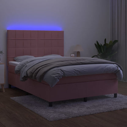 Letto a Molle con Materasso e LED Rosa 140x200 cm in Velluto