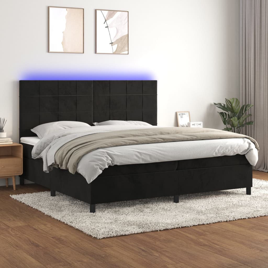 Letto a Molle con Materasso e LED Nero 200x200 cm in Velluto | homemem39