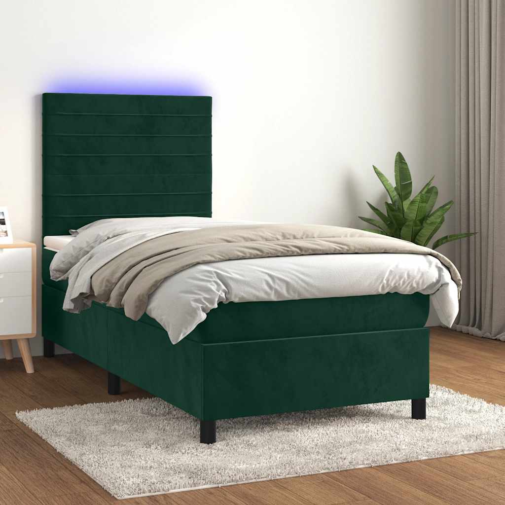 Letto a Molle con Materasso e LED Verde Scuro 80x200cm Velluto | homemem39