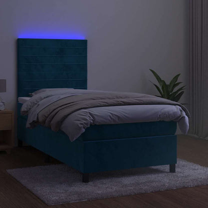 Letto a Molle con Materasso e LED Blu Scuro 90x190cm in Velluto