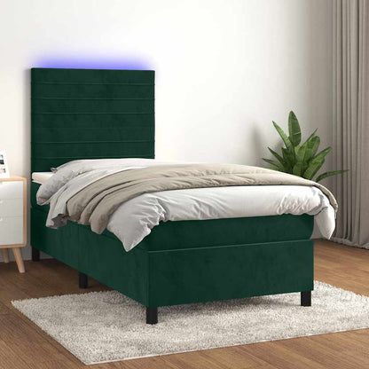 Letto a Molle con Materasso e LED Verde Scuro 100x200cm Velluto