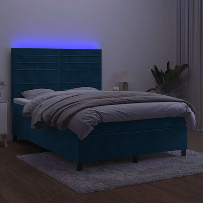Letto a Molle con Materasso e LED Blu Scuro 140x190 cm