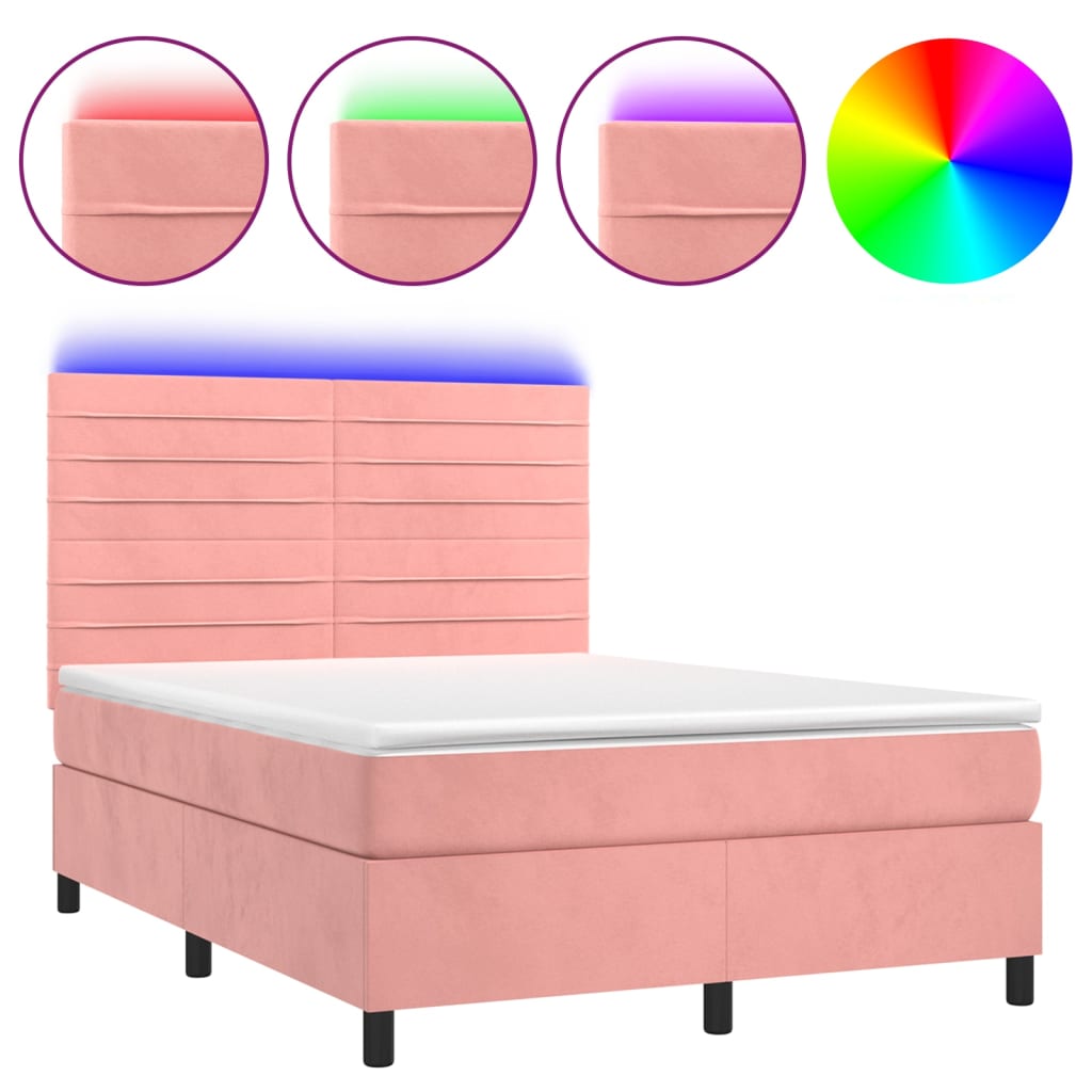 Letto a Molle con Materasso e LED Rosa 140x190 cm in Velluto
