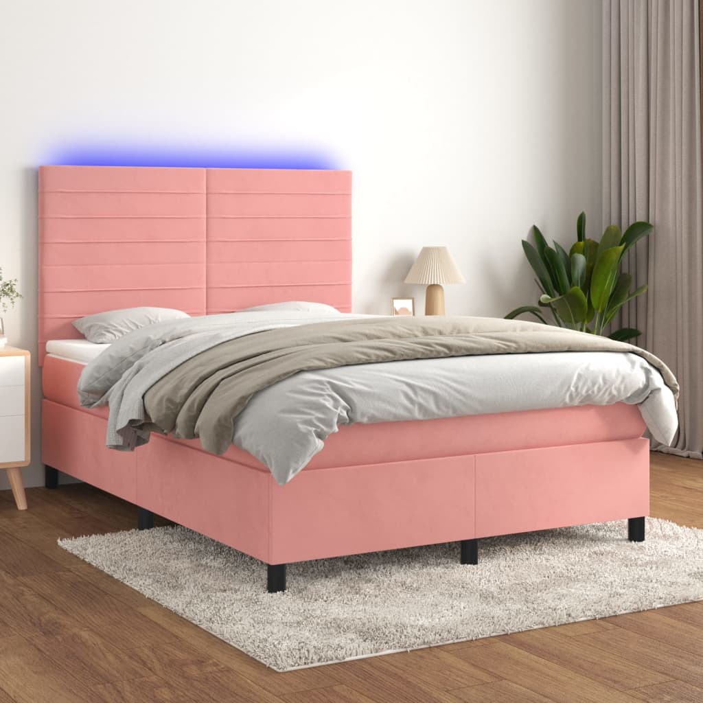 Letto a Molle con Materasso e LED Rosa 140x190 cm in Velluto - homemem39