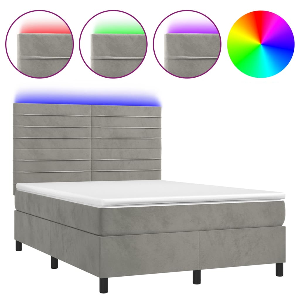Letto a Molle Materasso e LED Grigio Chiaro 140x200 cm Velluto - homemem39