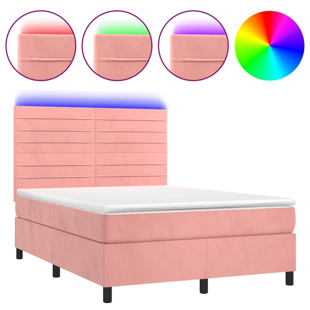 Letto a Molle con Materasso e LED Rosa 140x200 cm in Velluto - homemem39