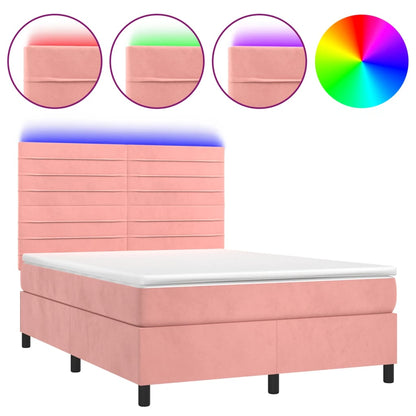 Letto a Molle con Materasso e LED Rosa 140x200 cm in Velluto
