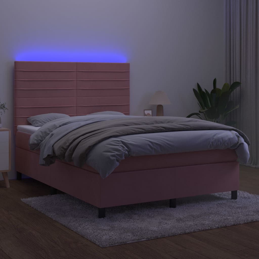 Letto a Molle con Materasso e LED Rosa 140x200 cm in Velluto