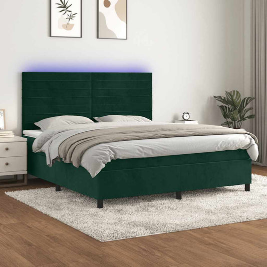 Letto a Molle con Materasso e LED Verde Scuro 160x200cm Velluto