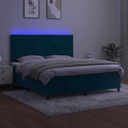 Letto a Molle con Materasso e LED Blu Scuro 160x200 cm