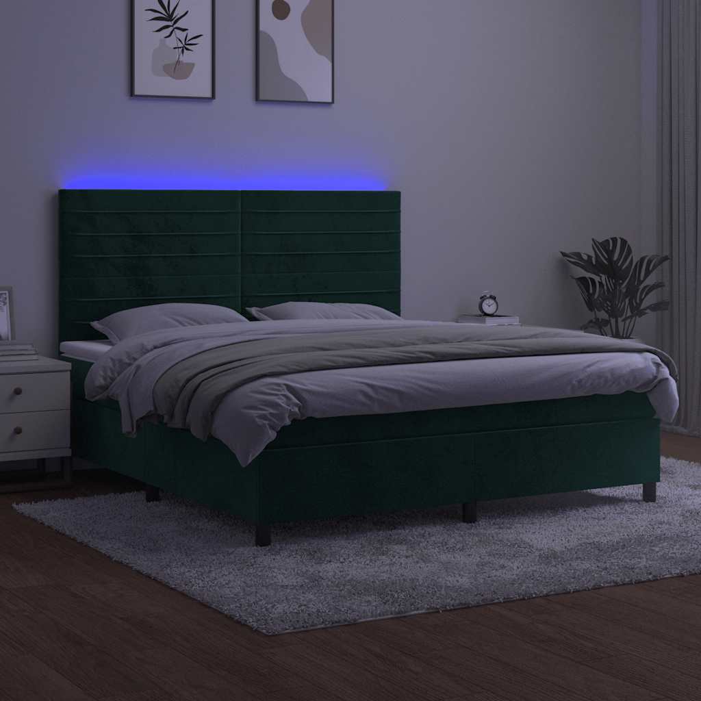Letto a Molle con Materasso e LED Verde Scuro 180x200cm Velluto