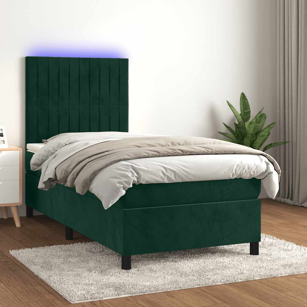 Letto a Molle con Materasso e LED Verde Scuro 90x190 cm Velluto | homemem39