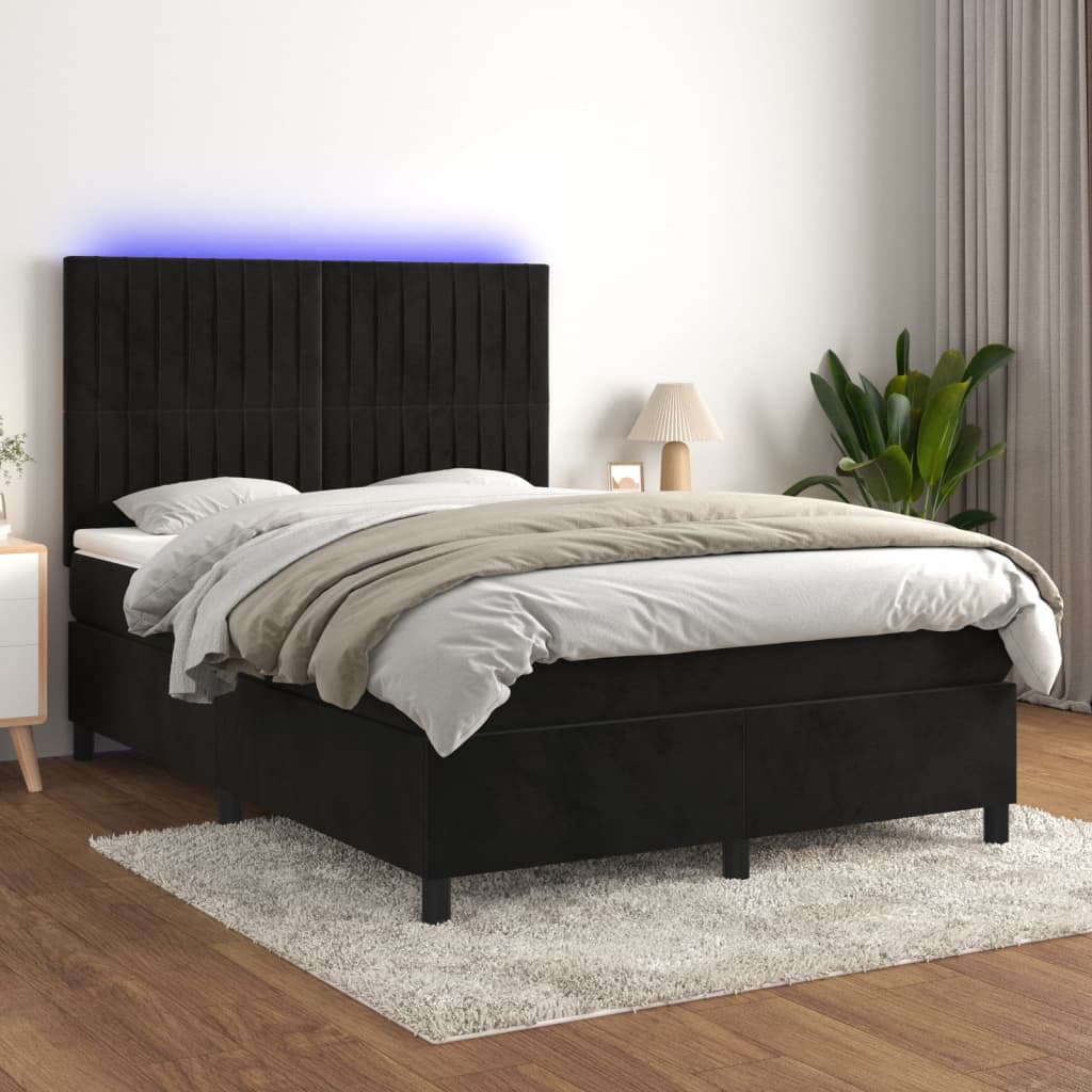 Letto a Molle con Materasso e LED Nero 140x190 cm in Velluto | homemem39