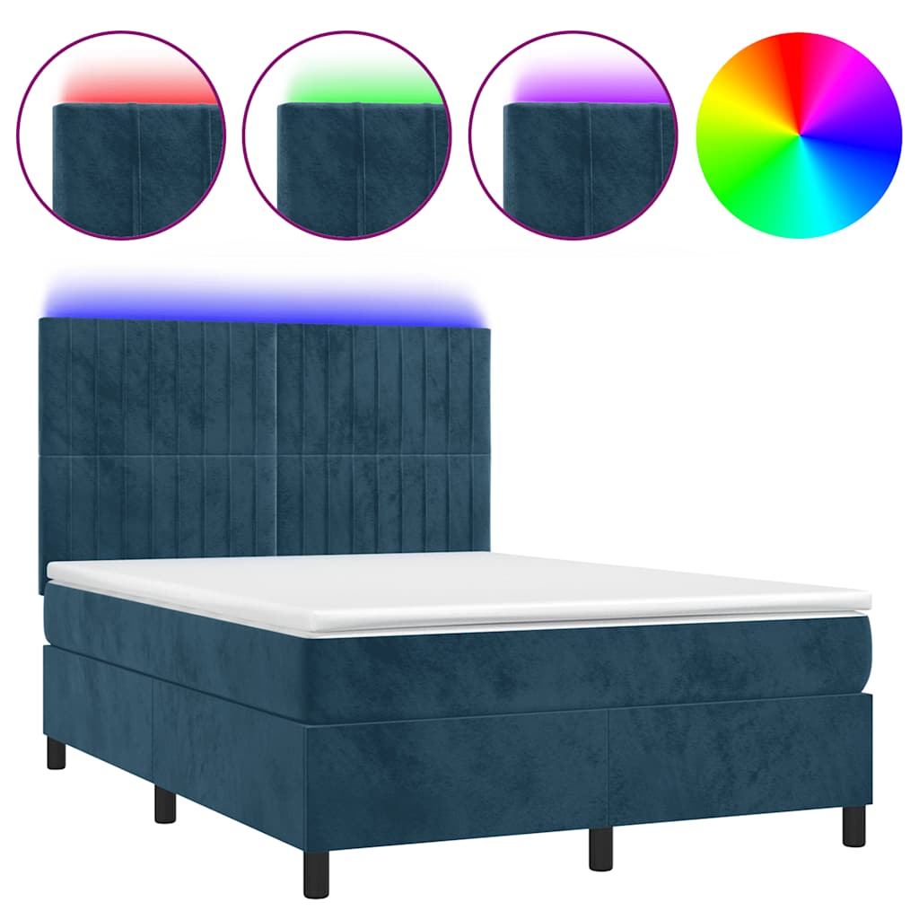 Letto a Molle con Materasso e LED Blu Scuro 140x190 cm