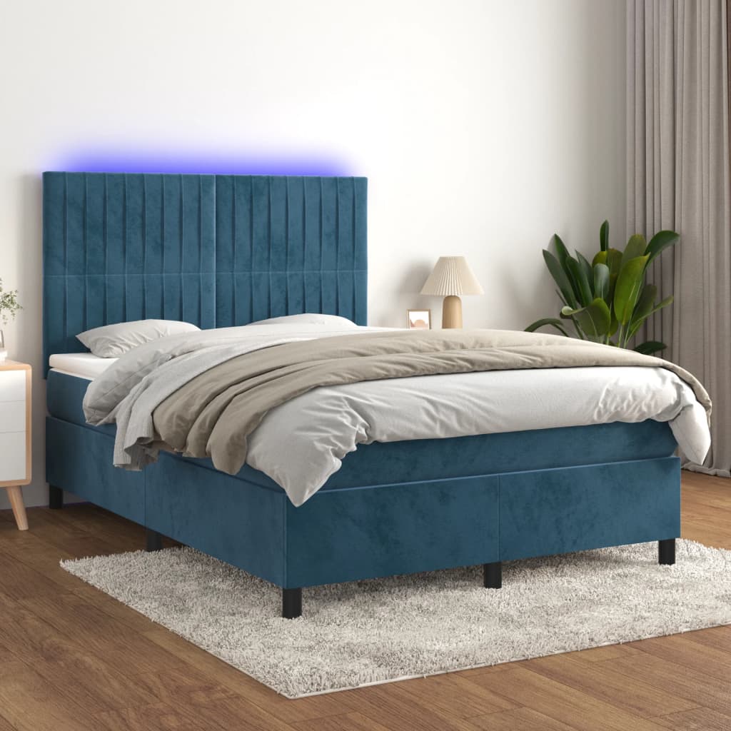 Letto a Molle con Materasso e LED Blu Scuro 140x190 cm - homemem39