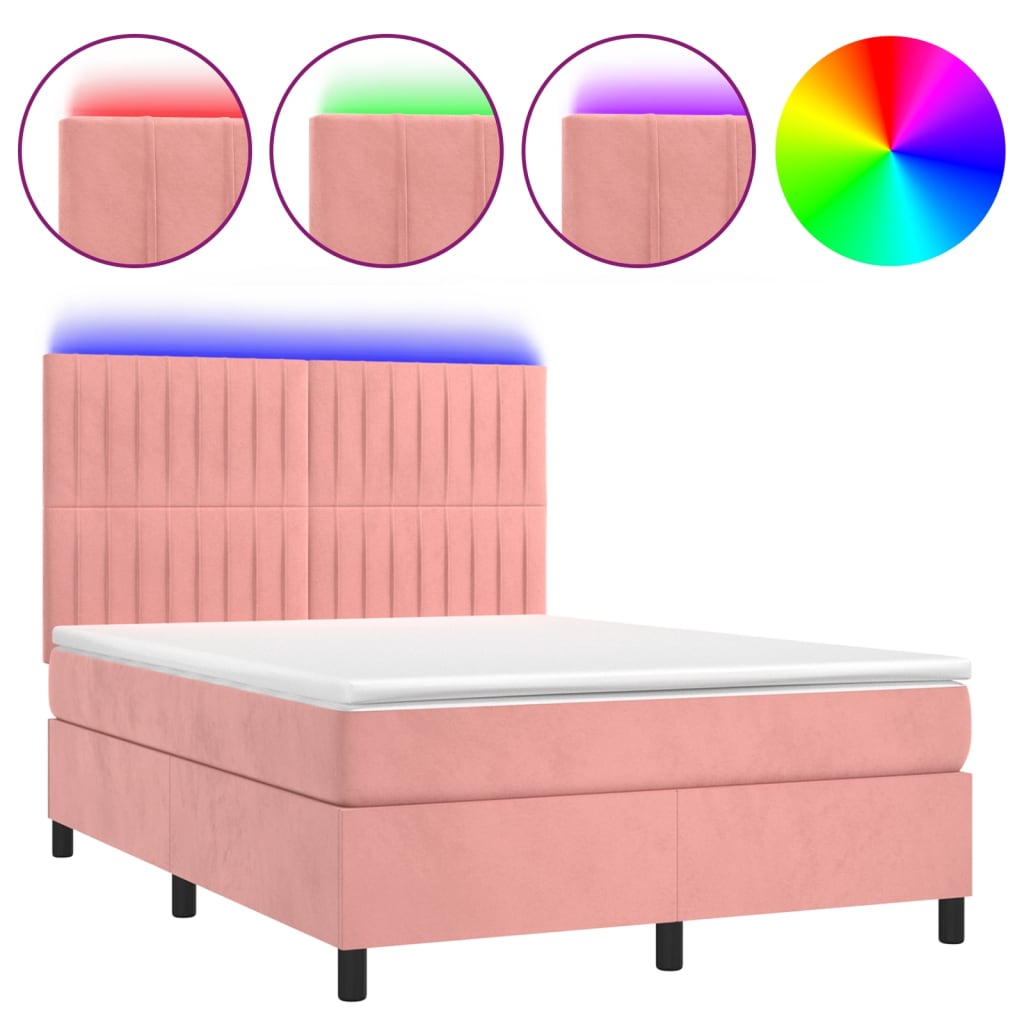 Letto a Molle con Materasso e LED Rosa 140x190 cm in Velluto - homemem39