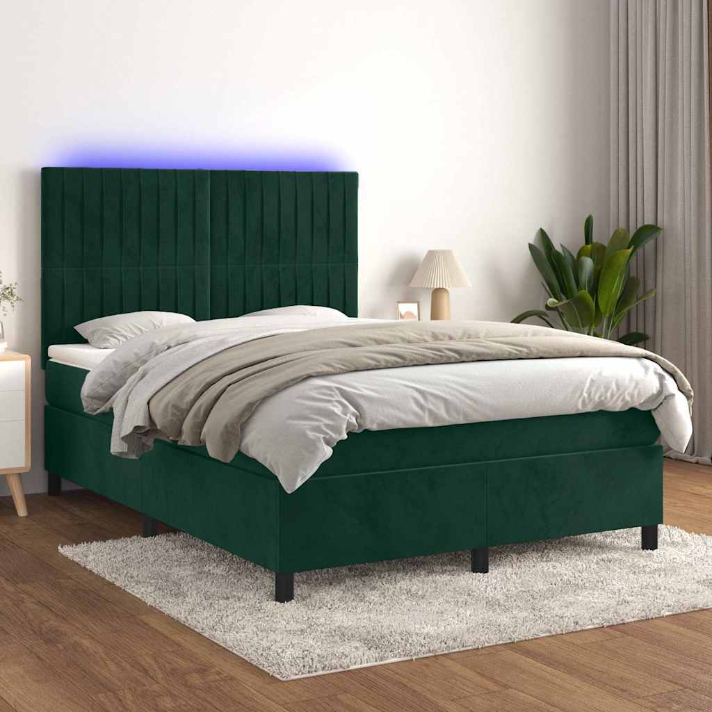 Letto a Molle con Materasso e LED Verde Scuro 140x200cm Velluto | homemem39