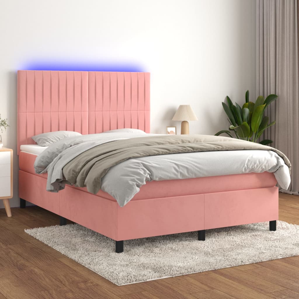 Letto a Molle con Materasso e LED Rosa 140x200 cm in Velluto - homemem39