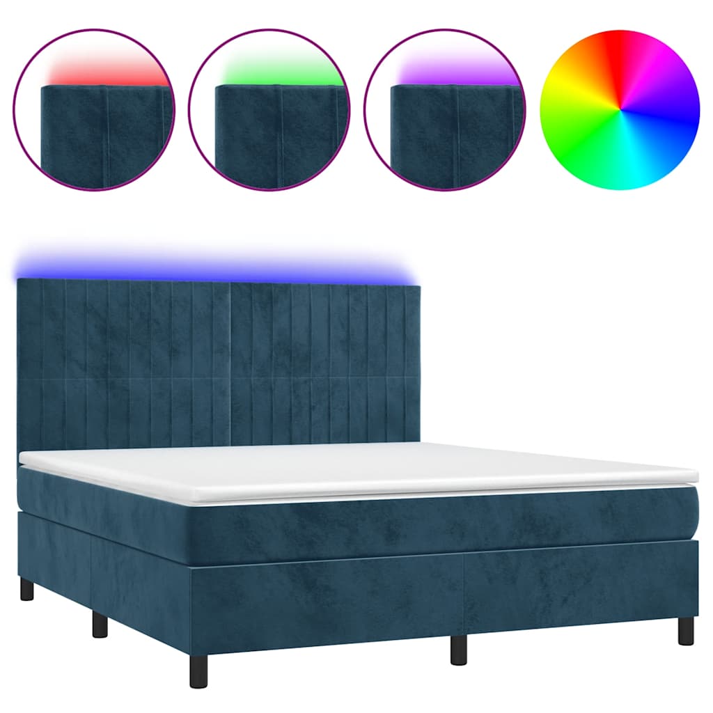 Letto a Molle con Materasso e LED Blu Scuro 160x200 cm