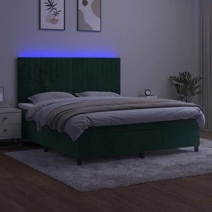 Letto a Molle con Materasso e LED Verde Scuro 180x200cm Velluto