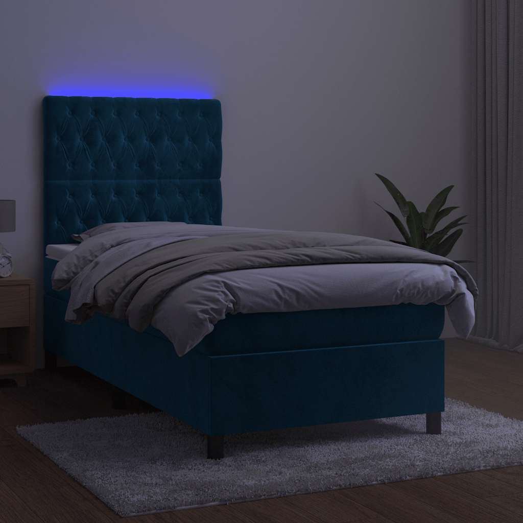 Letto a Molle con Materasso e LED Blu Scuro 80x200cm in Velluto