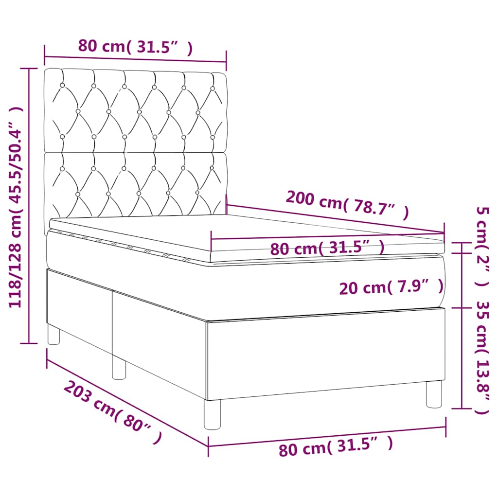 Letto a Molle con Materasso e LED Blu Scuro 80x200cm in Velluto | homemem39