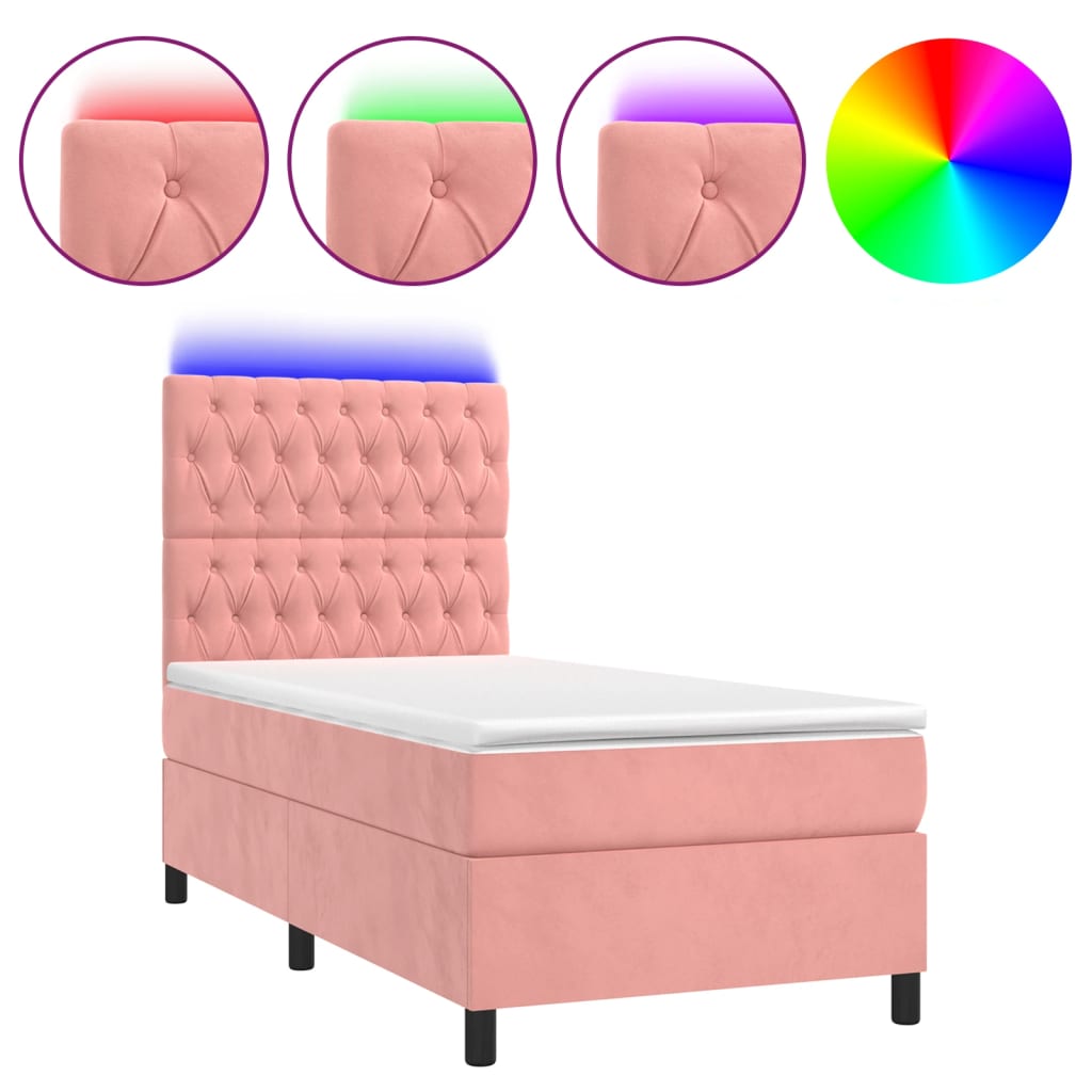 Letto a Molle con Materasso e LED Rosa 90x200 cm in Velluto - homemem39