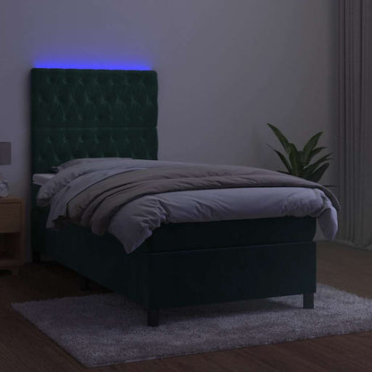 Letto a Molle con Materasso e LED Verde Scuro 100x200cm Velluto