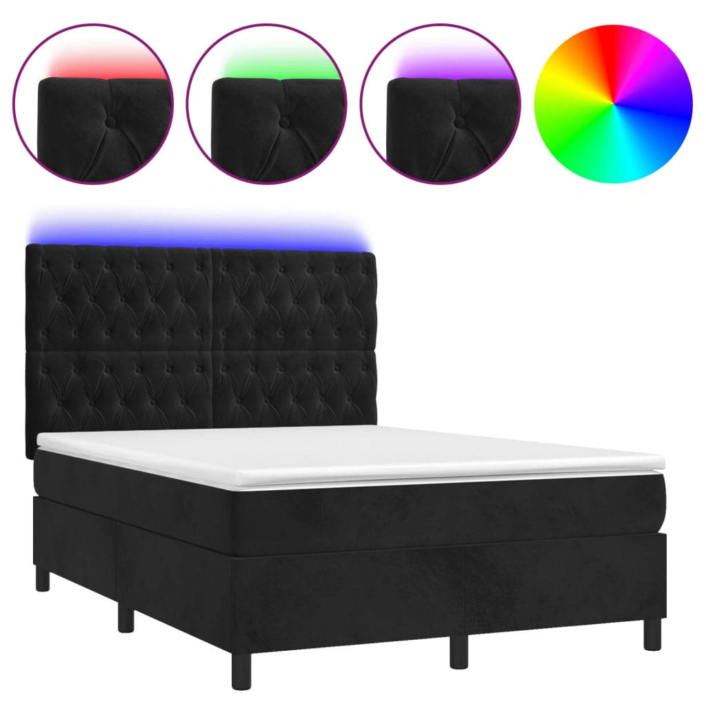 Letto a Molle con Materasso e LED Nero 140x200 cm in Velluto - homemem39
