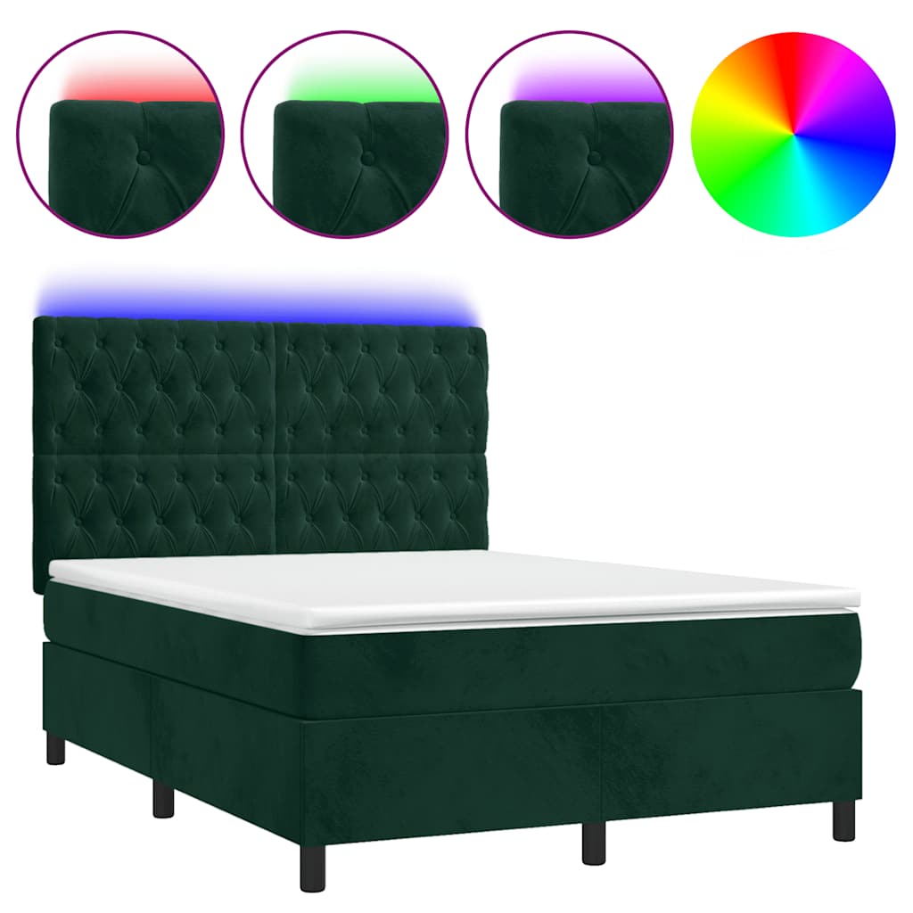 Letto a Molle con Materasso e LED Verde Scuro 140x200cm Velluto